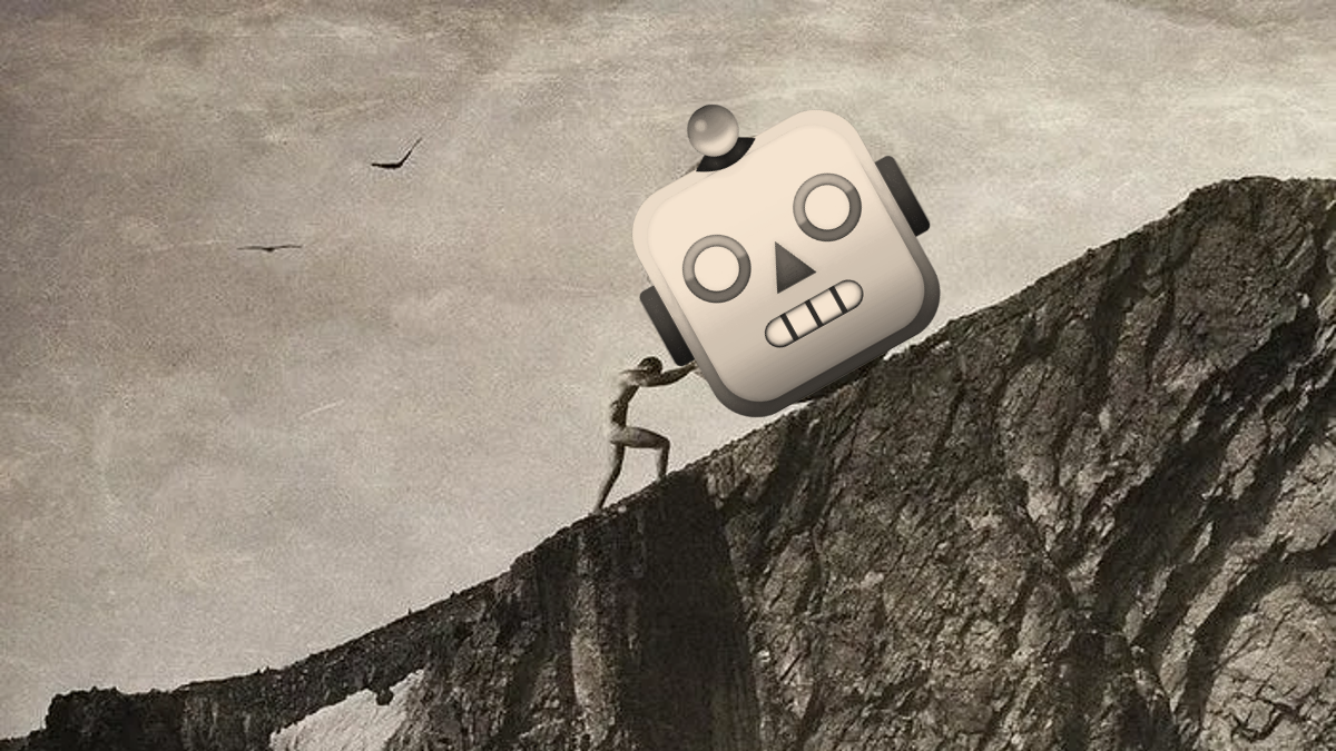 A robot pushing a large boulder up a mountain